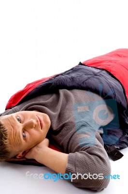 Man Resting In Sleeping Bag Stock Photo