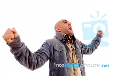 Man Showing Happiness And Wearing Winter Clothes Stock Photo