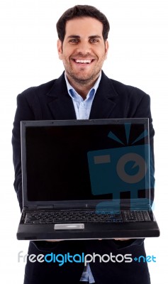 Man Showing Laptop Stock Photo