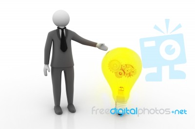 Man Showing The Bulb With Gears. Concept Of The Emergence Of T Stock Image