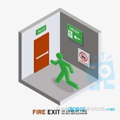 Man Sign Run To Fire Exit Isometric Stock Image