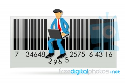 Man Sitting With Laptop In Barcode Stock Image