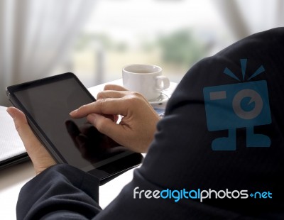 Man Touch Tablet Stock Photo