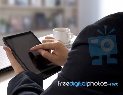 Man Touch Tablet Stock Photo