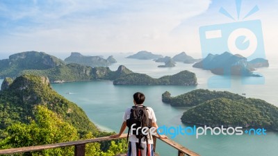 Man Tourist On Peak Island Stock Photo