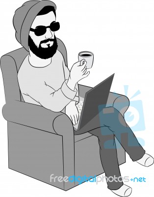 Man Using Laptop While Having Coffee On Sofa,  Illustration Stock Image