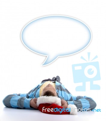 Man With Christmas Hat And Speech Bubble Stock Photo