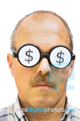 Man With Dollar Signs On His Glasses Stock Photo