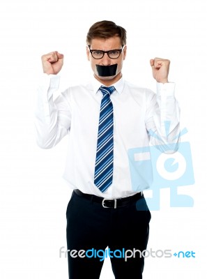 Man With Duct Tape On His Mouth Stock Photo