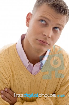 Man With Folded Hands And Looking Upside Stock Photo