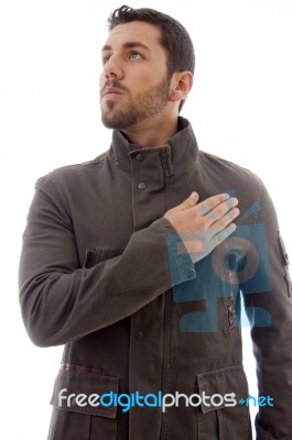 Man With hand over heart gesture Stock Photo