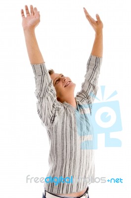 Man With Hands Up Stock Photo