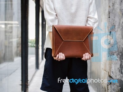 Man With Leather Bag Stock Photo