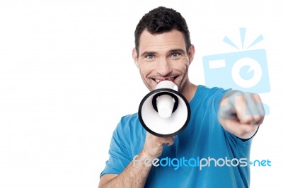 Man With Loudhailer And Pointing Forward Stock Photo