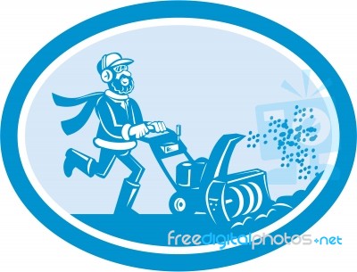 Man With Snow Blower Oval Cartoon Stock Image