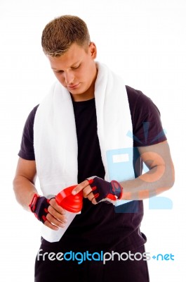 Man with water bottle Stock Photo