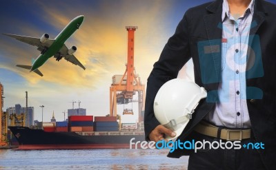 Manager Man Holding Safety Helmet Standing Against Ship And Cont… Stock Photo