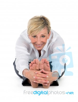 Manager Woman Doing Yoga At White Background Stock Photo