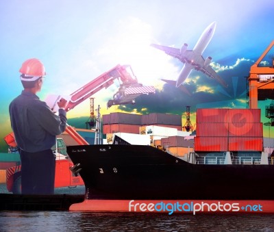 Manager Working In Ship Port And Air Plane Cargo Logistic Use As… Stock Photo