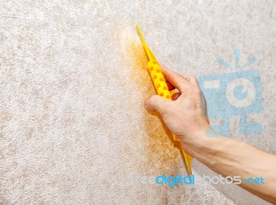 Man's Hand Smoothing The Wallpaper With A Spatula Stock Photo