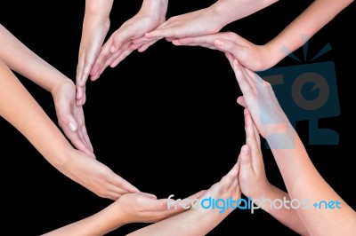 Many Arms Of Children With Hands Making Circle On Black Stock Photo