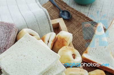 Many Breads On Tablecloths Stock Photo