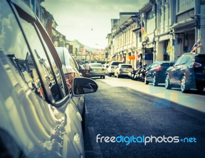 Many Cars Parking On The Road In Old Town Of Phuket Stock Photo