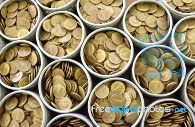 Many Coin Lined In Silver Bowl Stock Photo