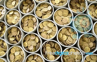 Many Coin Lined In Silver Bowl Stock Photo