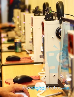 Many Computers In Internet Cafe Stock Photo