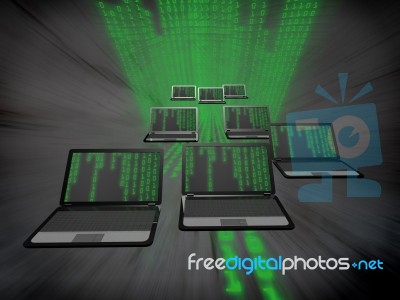 Many Laptops With A Binary Code Stock Image