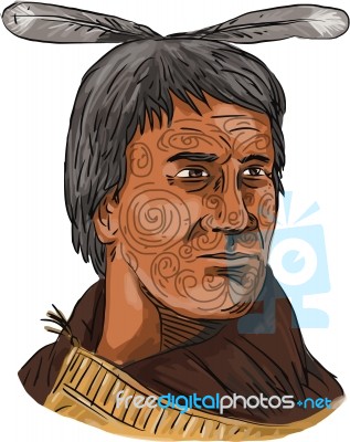 Maori Chief Warrior Bust Watercolor Stock Image