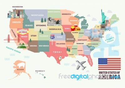 Map Of The United States Of America With Famous Attractions Stock Image