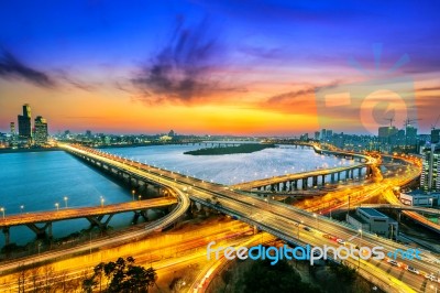 Mapo Bridge And Seoul Cityscape In Korea Stock Photo