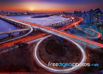 Mapo Bridge And Seoul Cityscape In Korea Stock Photo