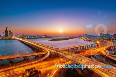 Mapo Bridge And Seoul Cityscape In Korea Stock Photo