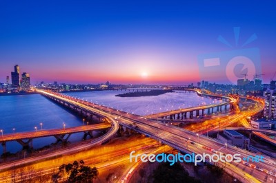 Mapo Bridge And Seoul Cityscape In Korea Stock Photo