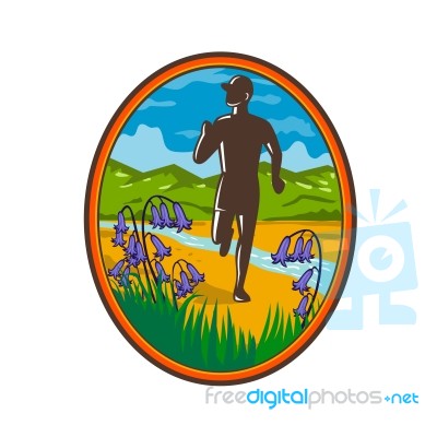 Marathon Runner And Bluebells Oval Retro Stock Image