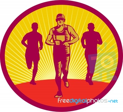 Marathon Runner Circle Woodcut Stock Image