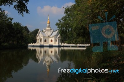 Marble Church Centered Shady Pond Stock Photo