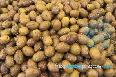 Marinated Green Olives With Herbs Stock Photo