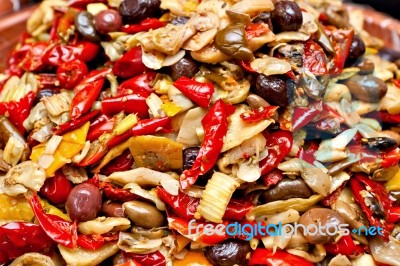 Marinated Olives And Vegetables Mix Stock Photo