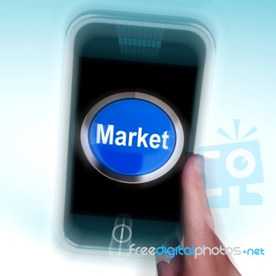 Market On Mobile Phone Means Marketing Advertising Sales Stock Image