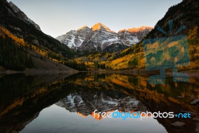 Maroon Bells Peak Sunrise Aspen Fall Colorado Stock Photo