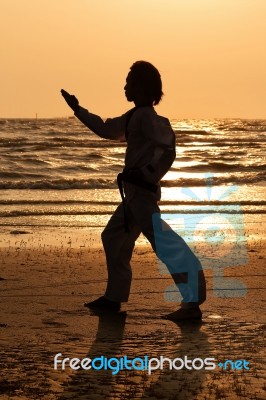 Martial Art Man Training In Silhouette Stock Photo