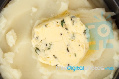 Mashed Potato With Butter Herb Thyme Rosemary Closeup Stock Photo