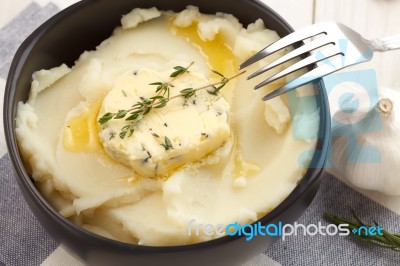 Mashed Potato With Butter Herb Thyme Rosemary Closeup Stock Photo