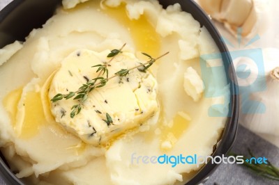 Mashed Potato With Butter Herb Thyme Rosemary Closeup Stock Photo