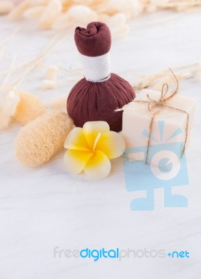 Massage Ball And Spa Aromatherapy Products On Wooden Background Stock Photo