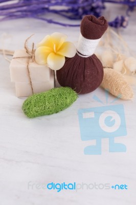 Massage Ball And Spa Aromatherapy Products On Wooden Background Stock Photo